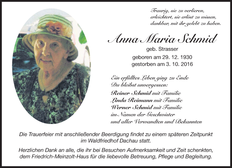 Traueranzeige für Anna Maria Schmid vom 10.10.2016 aus merkurtz