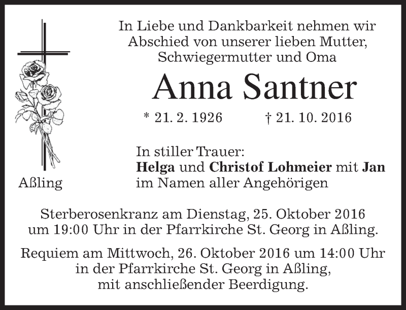  Traueranzeige für Anna Santner vom 24.10.2016 aus merkurtz