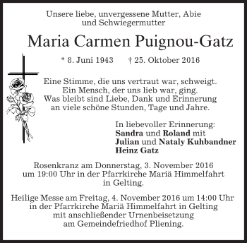 Traueranzeige von Maria Carmen Puignou-Gatz von merkurtz