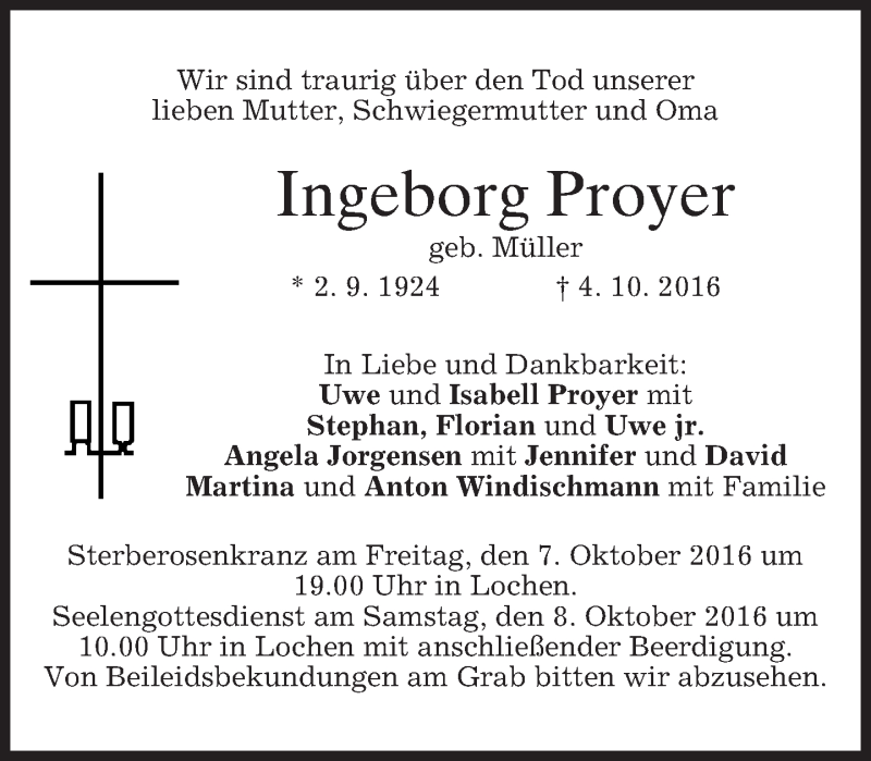  Traueranzeige für Ingeborg Proyer vom 06.10.2016 aus merkurtz