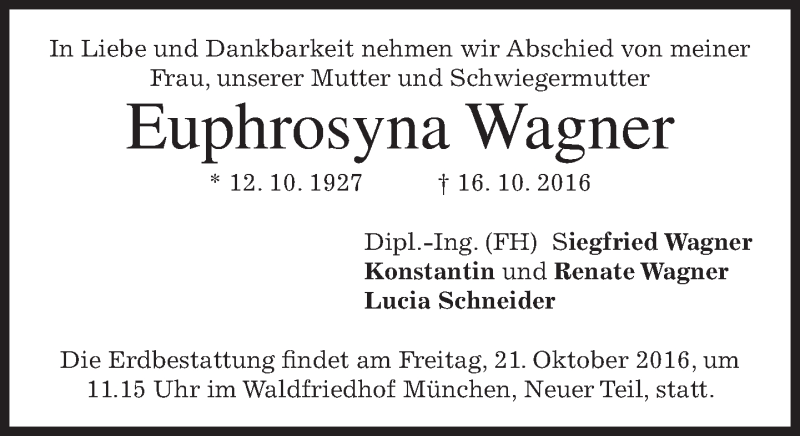  Traueranzeige für Euphrosyna Wagner vom 18.10.2016 aus merkurtz
