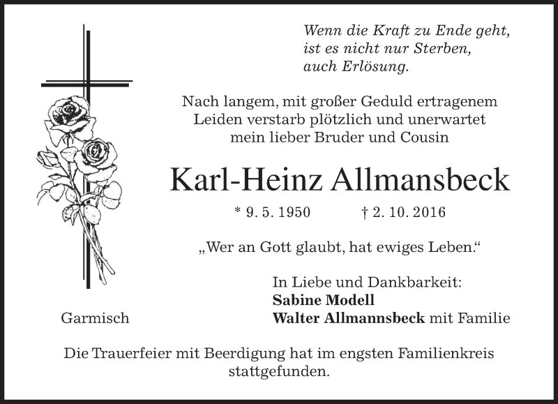  Traueranzeige für Karl-Heinz Allmansbeck vom 22.10.2016 aus merkurtz