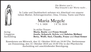 Traueranzeige von Maria Megele von merkurtz