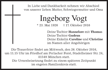 Traueranzeige von Ingeborg Vogt von merkurtz