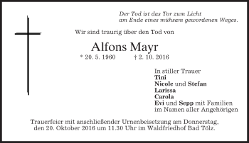 Traueranzeige von Alfons Mayr von merkurtz
