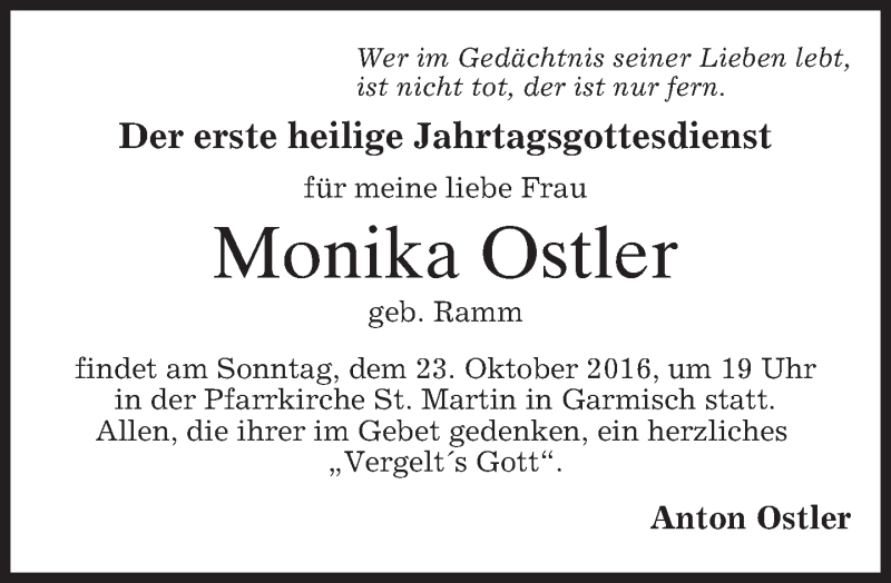  Traueranzeige für Monika Ostler vom 21.10.2016 aus merkurtz