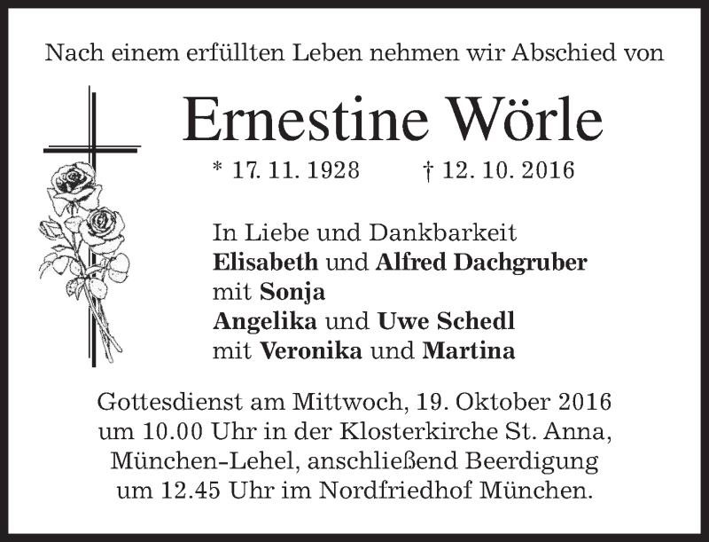  Traueranzeige für Ernestine Wörle vom 17.10.2016 aus merkurtz
