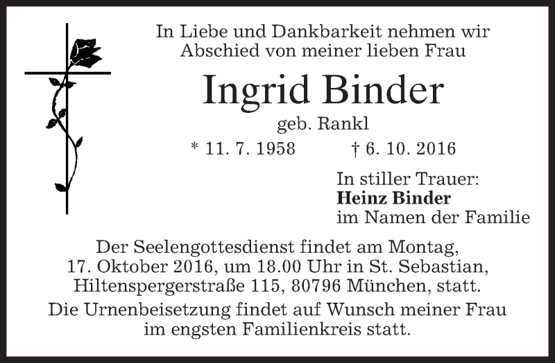  Traueranzeige für Ingrid Binder vom 12.10.2016 aus merkurtz