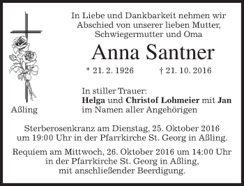 Traueranzeige von Anna Santner von merkurtz