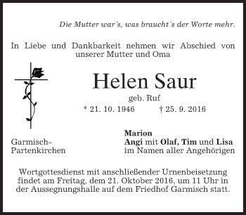 Traueranzeige von Helen Saur von merkurtz