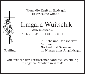Traueranzeige von Irmgard Wuitschik von merkurtz