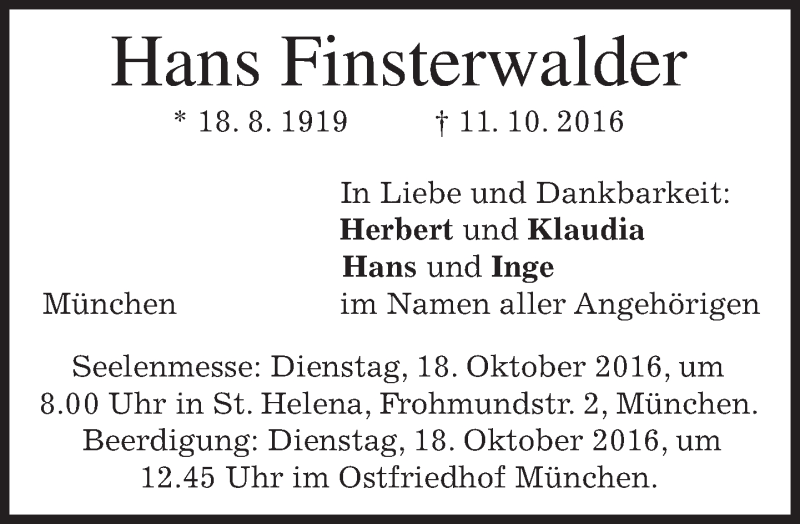  Traueranzeige für Hans Finsterwalder vom 13.10.2016 aus merkurtz