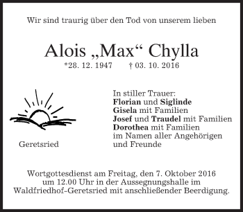 Traueranzeige von Alois Max Chylla von merkurtz