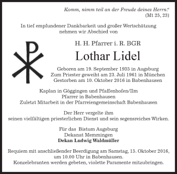 Traueranzeige von Lothar Lidel von merkurtz