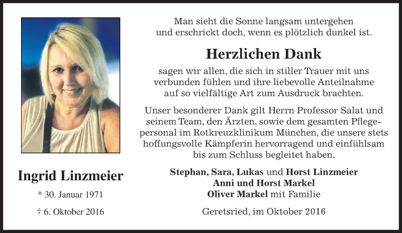  Traueranzeige für Ingrid Linzmeier vom 27.10.2016 aus merkurtz