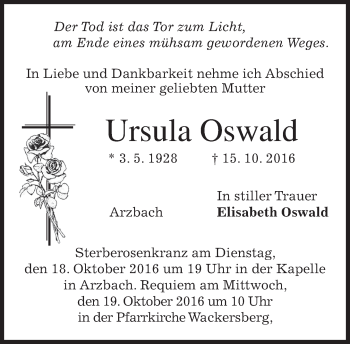 Traueranzeige von Ursula Oswald von merkurtz