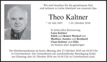 Traueranzeige von Theo Kaltner von merkurtz