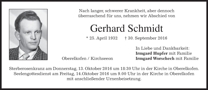  Traueranzeige für Gerhard Schmidt vom 08.10.2016 aus merkurtz