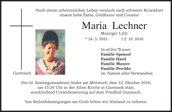 Traueranzeige von Maria Lechner von merkurtz
