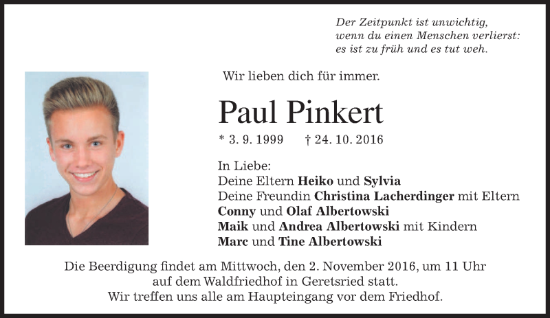 Traueranzeige für Paul Pinkert vom 29.10.2016 aus merkurtz