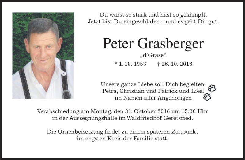  Traueranzeige für Peter Grasberger vom 28.10.2016 aus merkurtz
