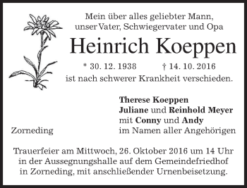 Traueranzeige von Heinrich Koeppen von merkurtz