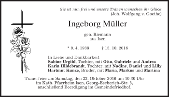 Traueranzeige von Ingeborg Müller von merkurtz