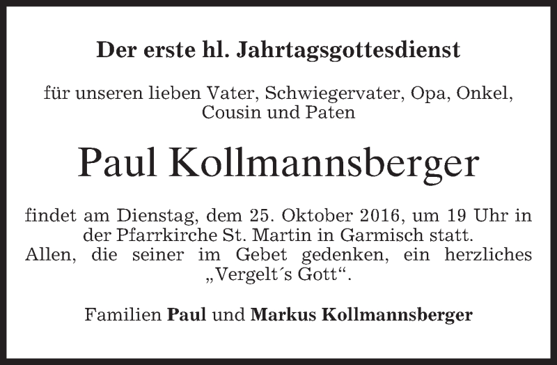  Traueranzeige für Paul Kollmannsberger vom 22.10.2016 aus merkurtz