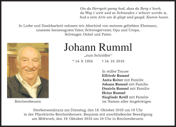 Traueranzeige von Johann Rumml von merkurtz