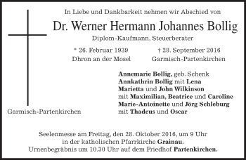Traueranzeige von Werner Hermann Johannes Bollig von merkurtz