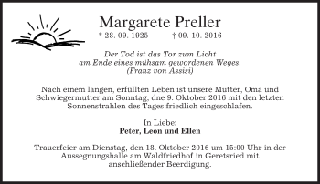 Traueranzeige von Margarete Preller von merkurtz
