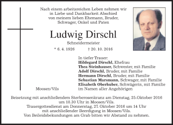 Traueranzeige von Ludwig Dirschl von merkurtz