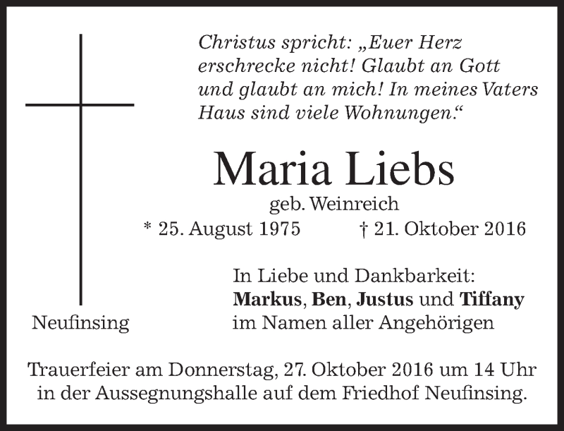  Traueranzeige für Maria Liebs vom 25.10.2016 aus merkurtz