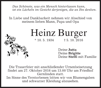 Traueranzeige von Heinz Burger von merkurtz