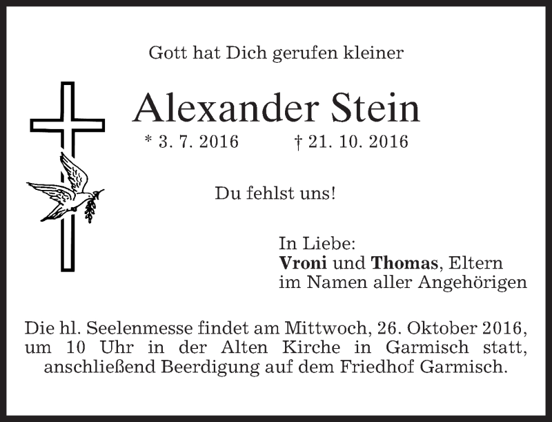  Traueranzeige für Alexander Stein vom 25.10.2016 aus merkurtz