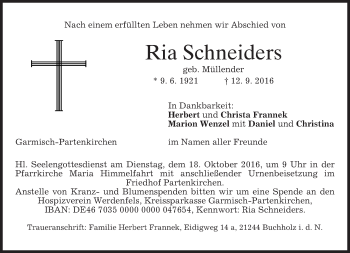 Traueranzeige von Ria Schneiders von merkurtz
