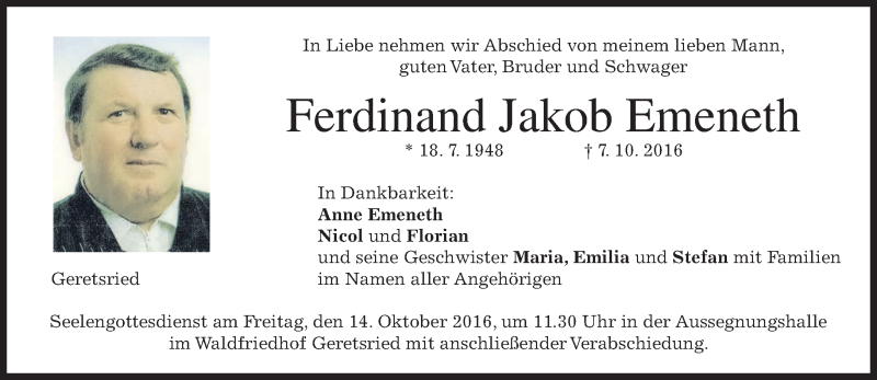  Traueranzeige für Ferdinand Jakob Emeneth vom 11.10.2016 aus merkurtz