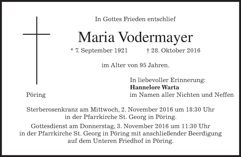  Traueranzeige für Maria Vodermayer vom 29.10.2016 aus merkurtz