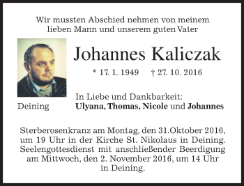Traueranzeige von Johannes Kaliczak von merkurtz