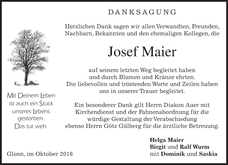  Traueranzeige für Josef Maier vom 29.10.2016 aus merkurtz