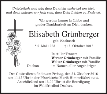 Traueranzeige von Elisabeth Grünberger von merkurtz