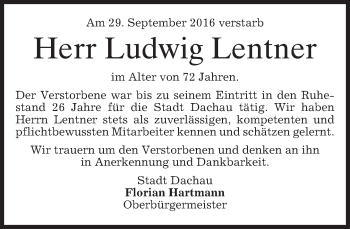 Traueranzeige von Ludwig Lentner von merkurtz