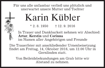 Traueranzeige von Karin Kübler von merkurtz