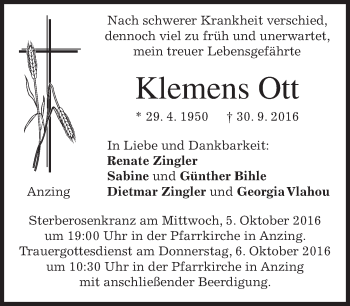 Traueranzeige von Klemens Ott von merkurtz