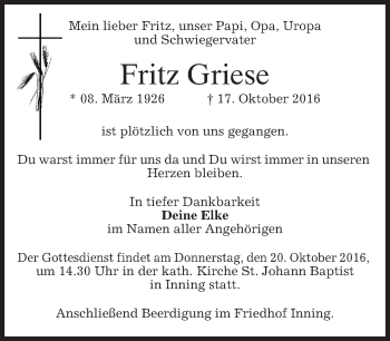 Traueranzeige von Fritz Griese von merkurtz