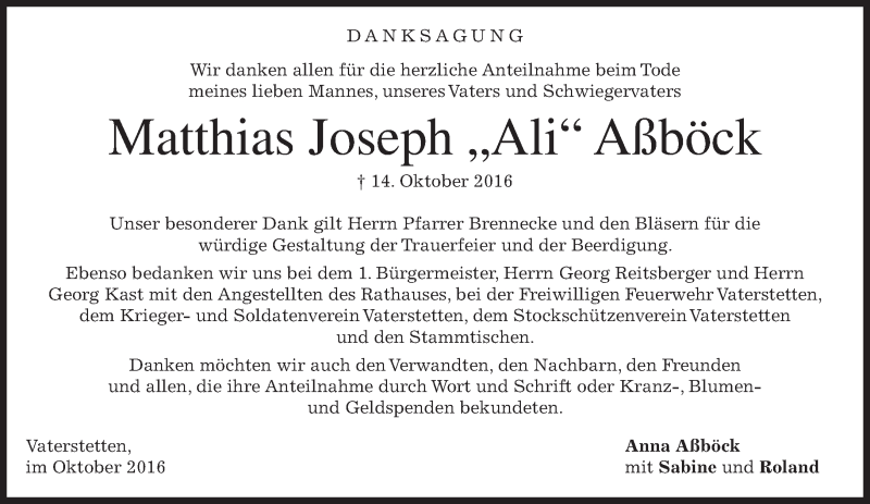  Traueranzeige für Matthias Joseph Aßböck vom 27.10.2016 aus merkurtz