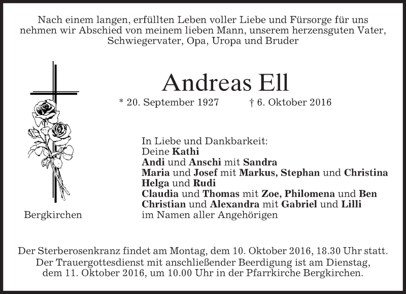  Traueranzeige für Andreas Ell vom 08.10.2016 aus merkurtz