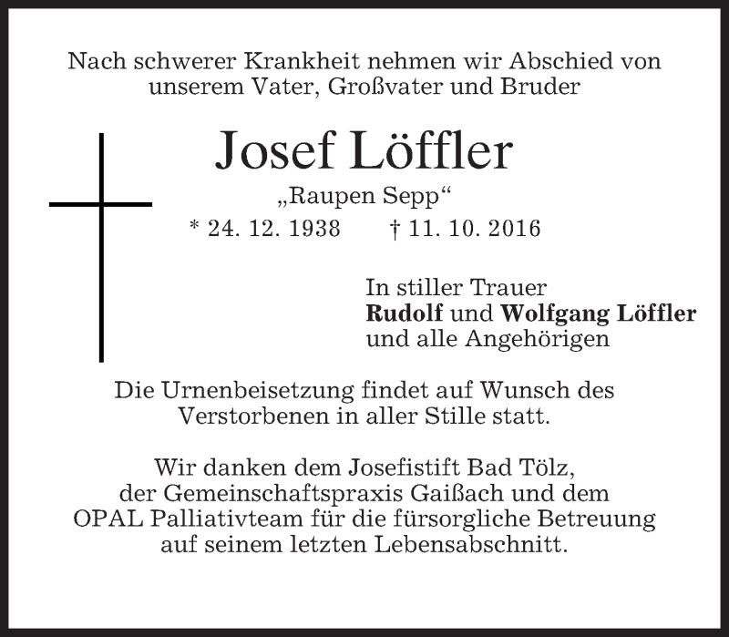  Traueranzeige für Josef Löffler vom 22.10.2016 aus merkurtz