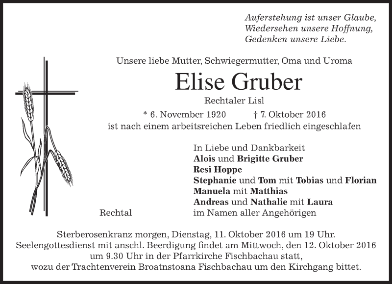  Traueranzeige für Elise Gruber vom 10.10.2016 aus merkurtz