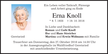 Traueranzeige von Erna Knoll von merkurtz
